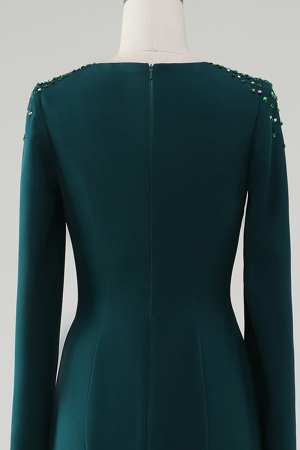 Dark green slim fit mermaid round neck dress with beaded cape sleeves
