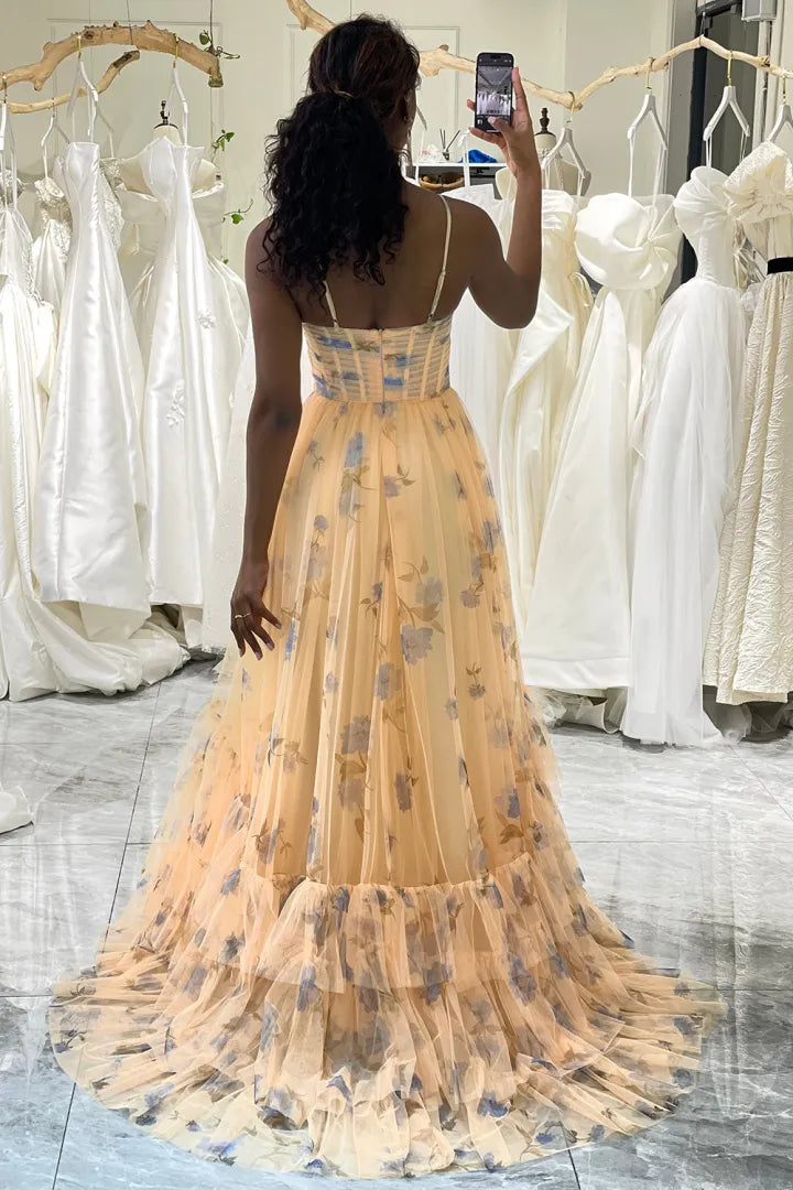 Cute and Sweet A-line Italian Noodle Strap Long Printed sheer Ball Dress