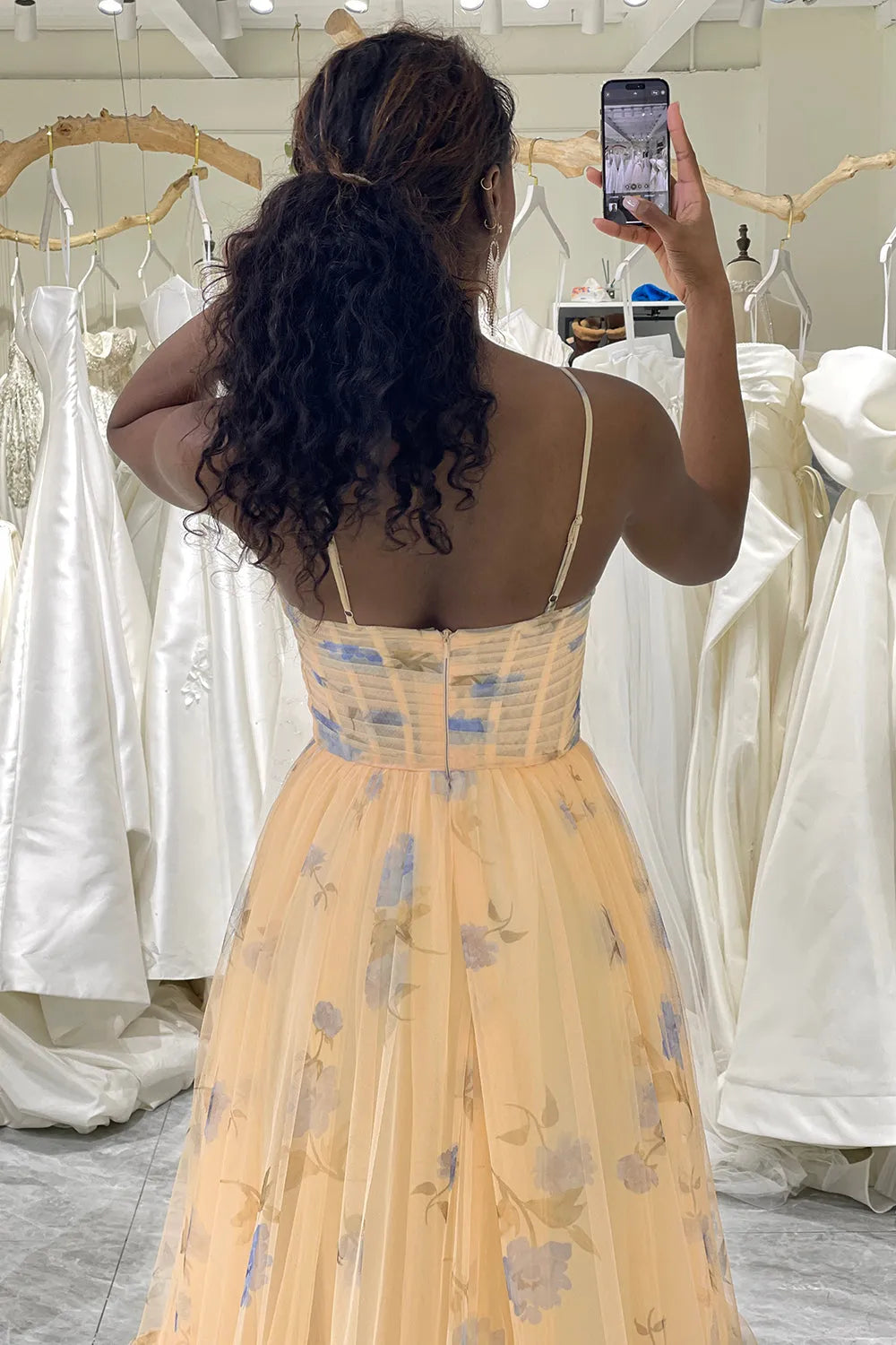 Cute and Sweet A-line Italian Noodle Strap Long Printed sheer Ball Dress