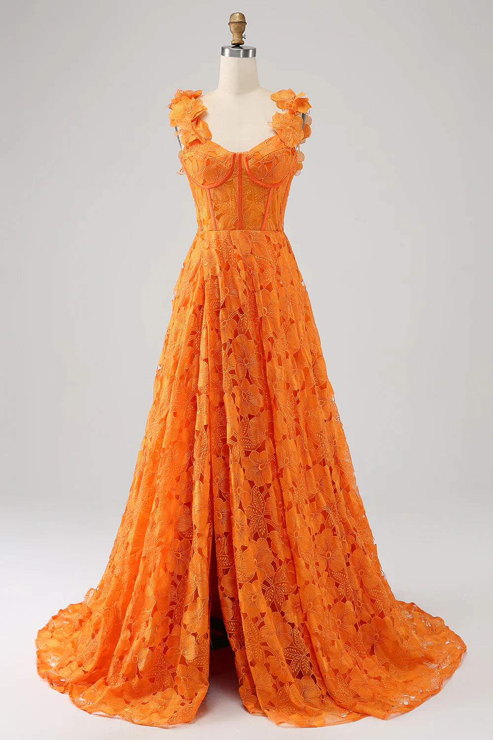 Orange A-line Flower Lace Long Ball Evening Dress