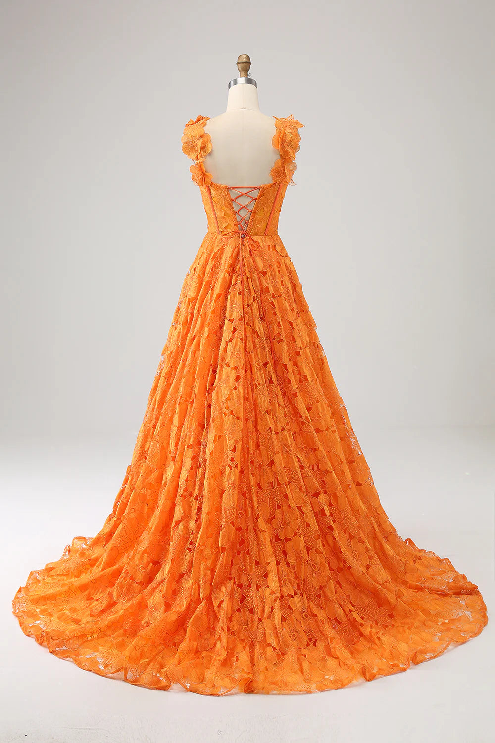 Orange A-line Flower Lace Long Ball Evening Dress
