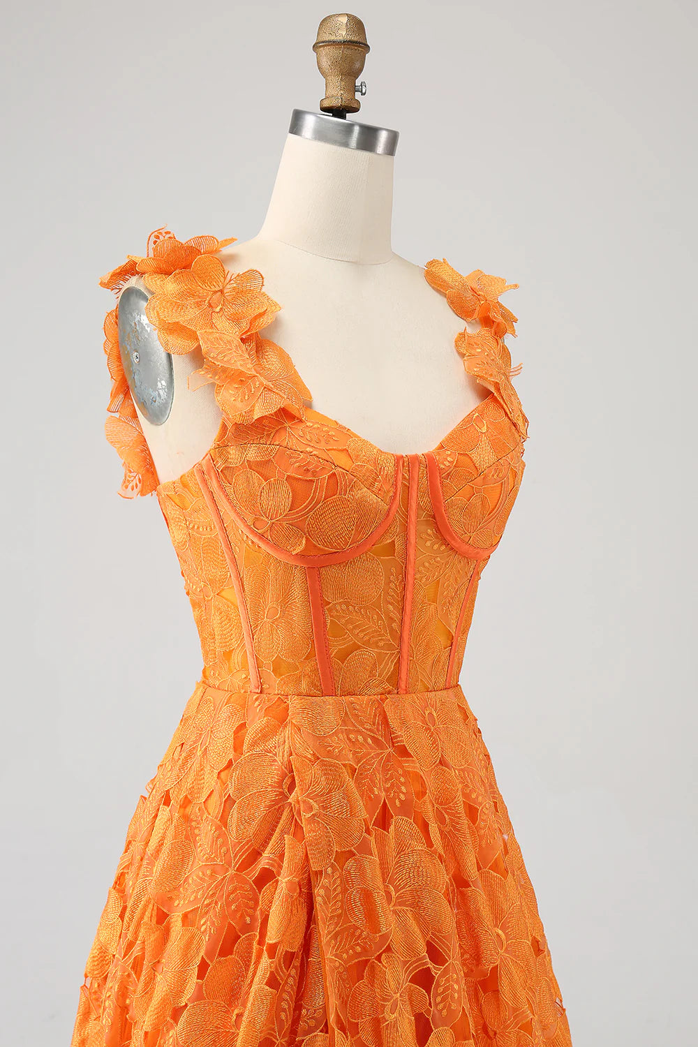 Orange A-line Flower Lace Long Ball Evening Dress