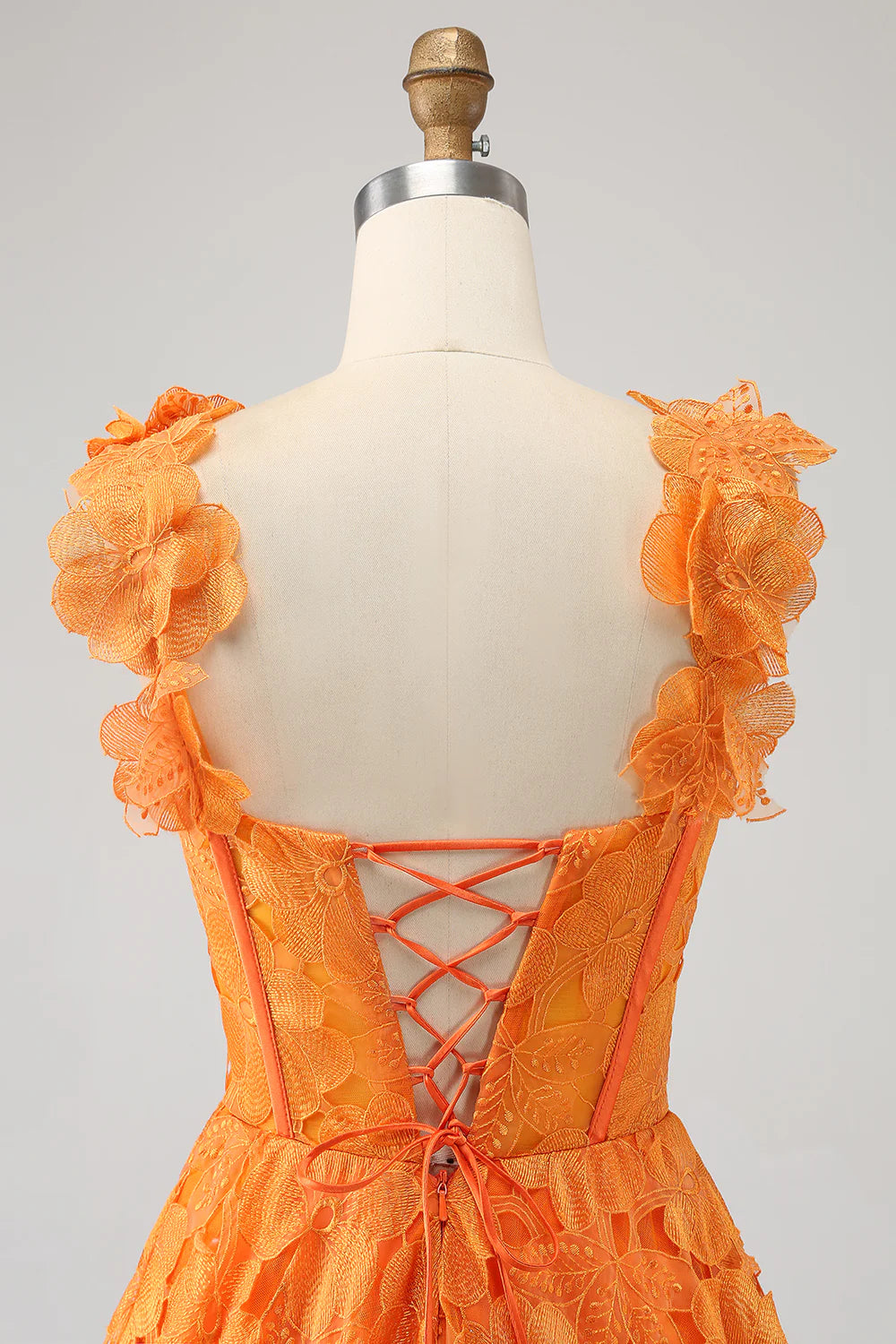 Orange A-line Flower Lace Long Ball Evening Dress