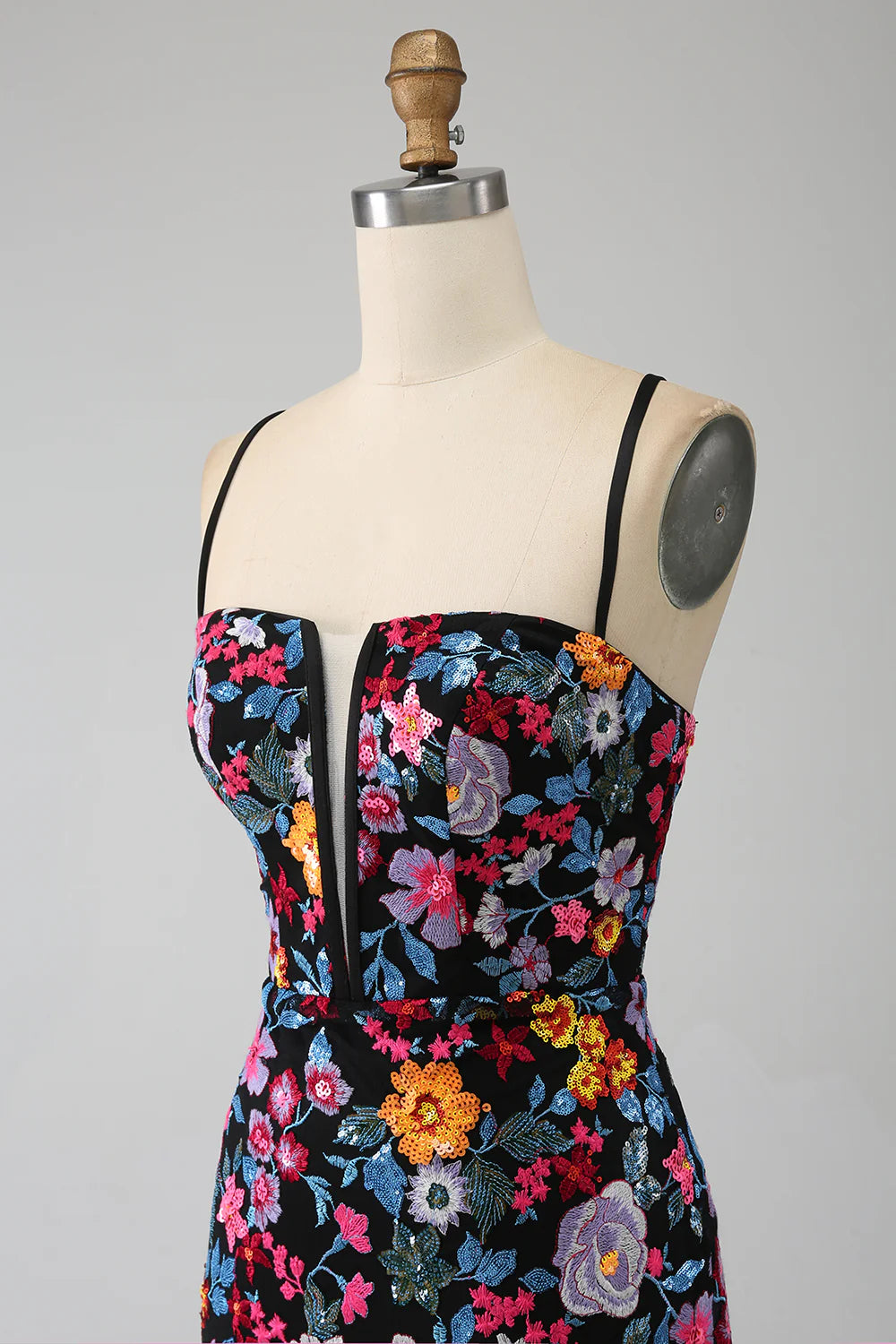 Mermaid Italian Noodle Strap Black Flower Embroidered Side Split Ball Dress