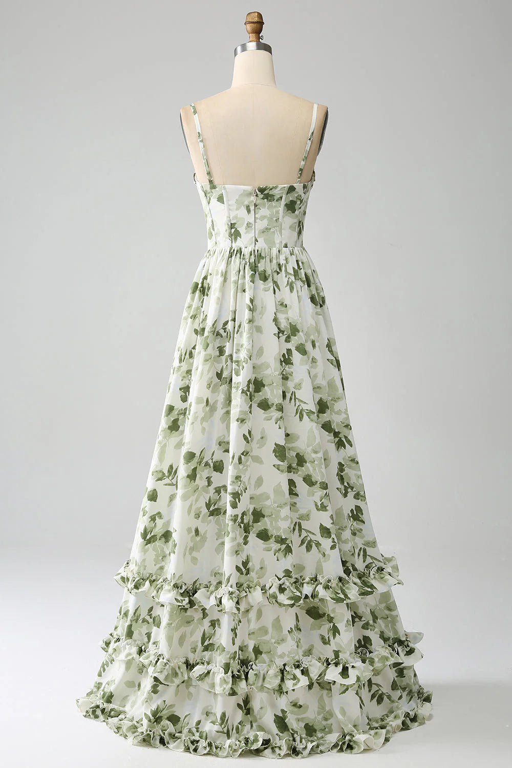 Green Elegant A-line Italian Noodle Strap Printed Folded Split Long Ball Dress