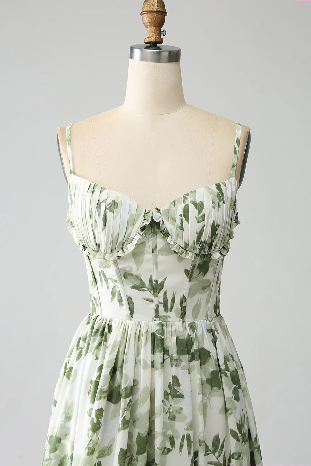 Green Elegant A-line Italian Noodle Strap Printed Folded Split Long Ball Dress