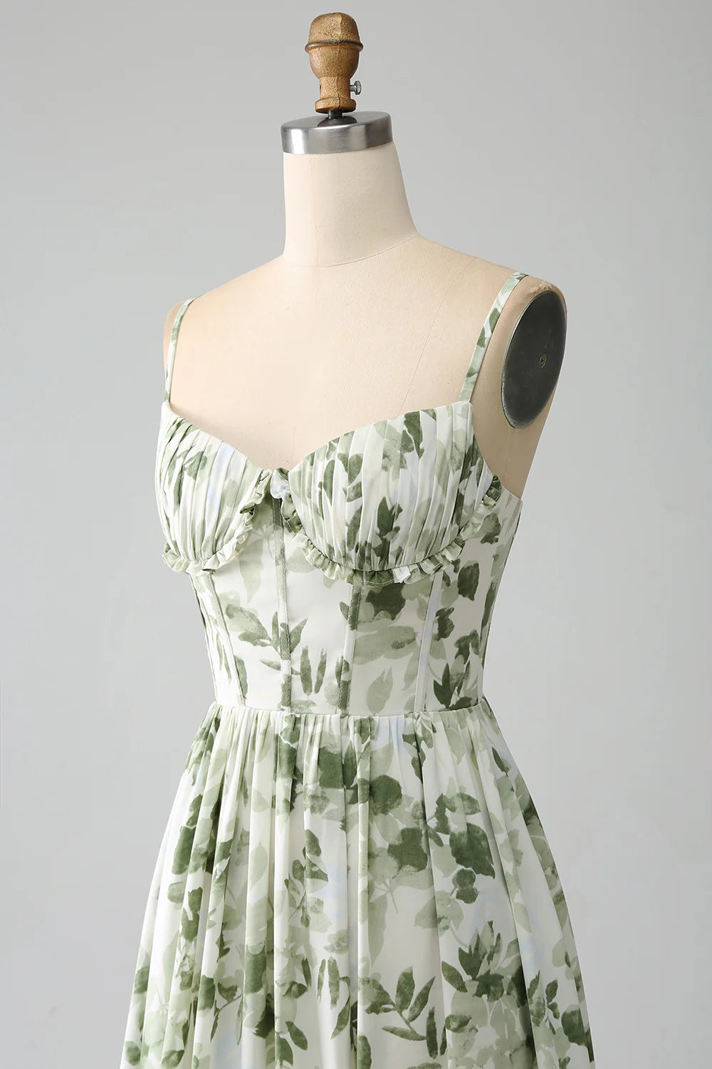 Green Elegant A-line Italian Noodle Strap Printed Folded Split Long Ball Dress