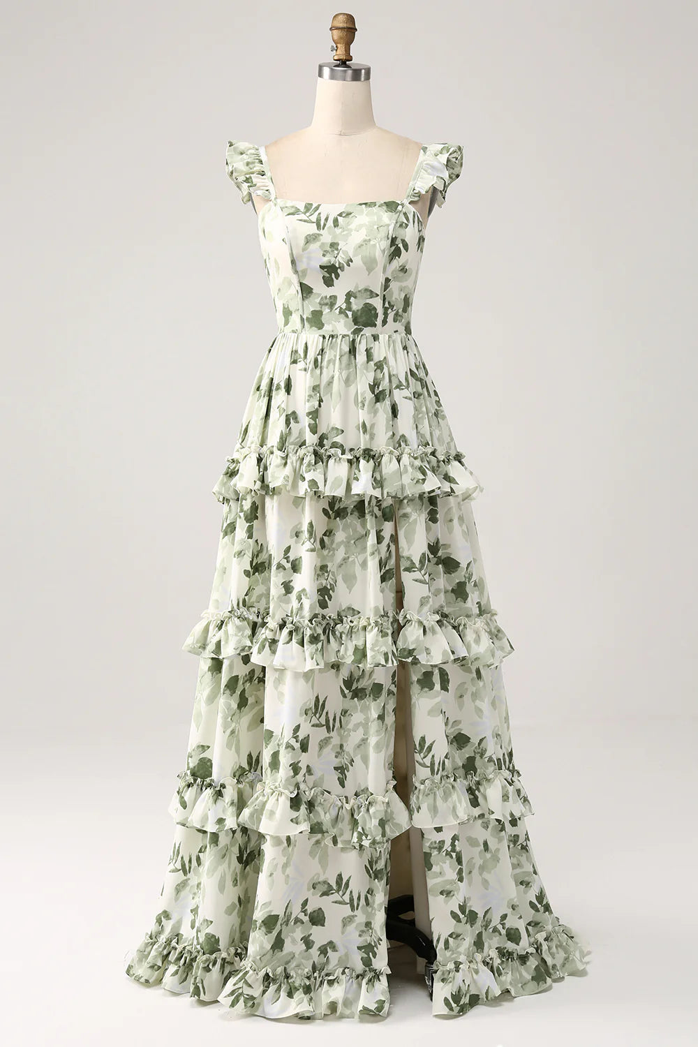 Green sweet floral ruffled edge layered split ball dress