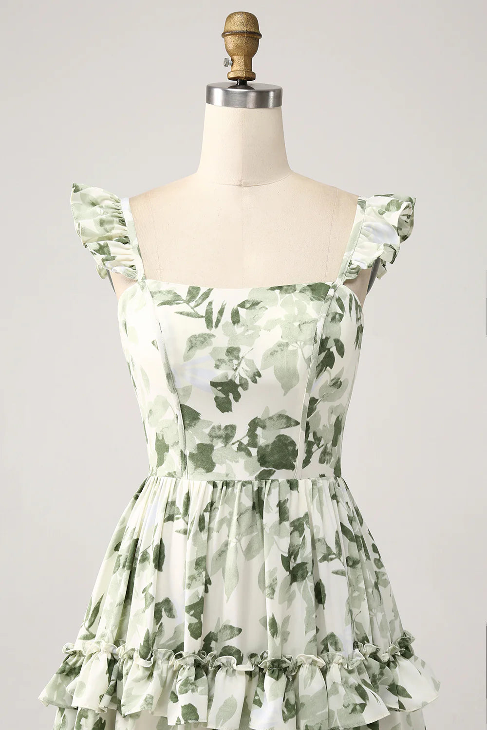 Green sweet floral ruffled edge layered split ball dress
