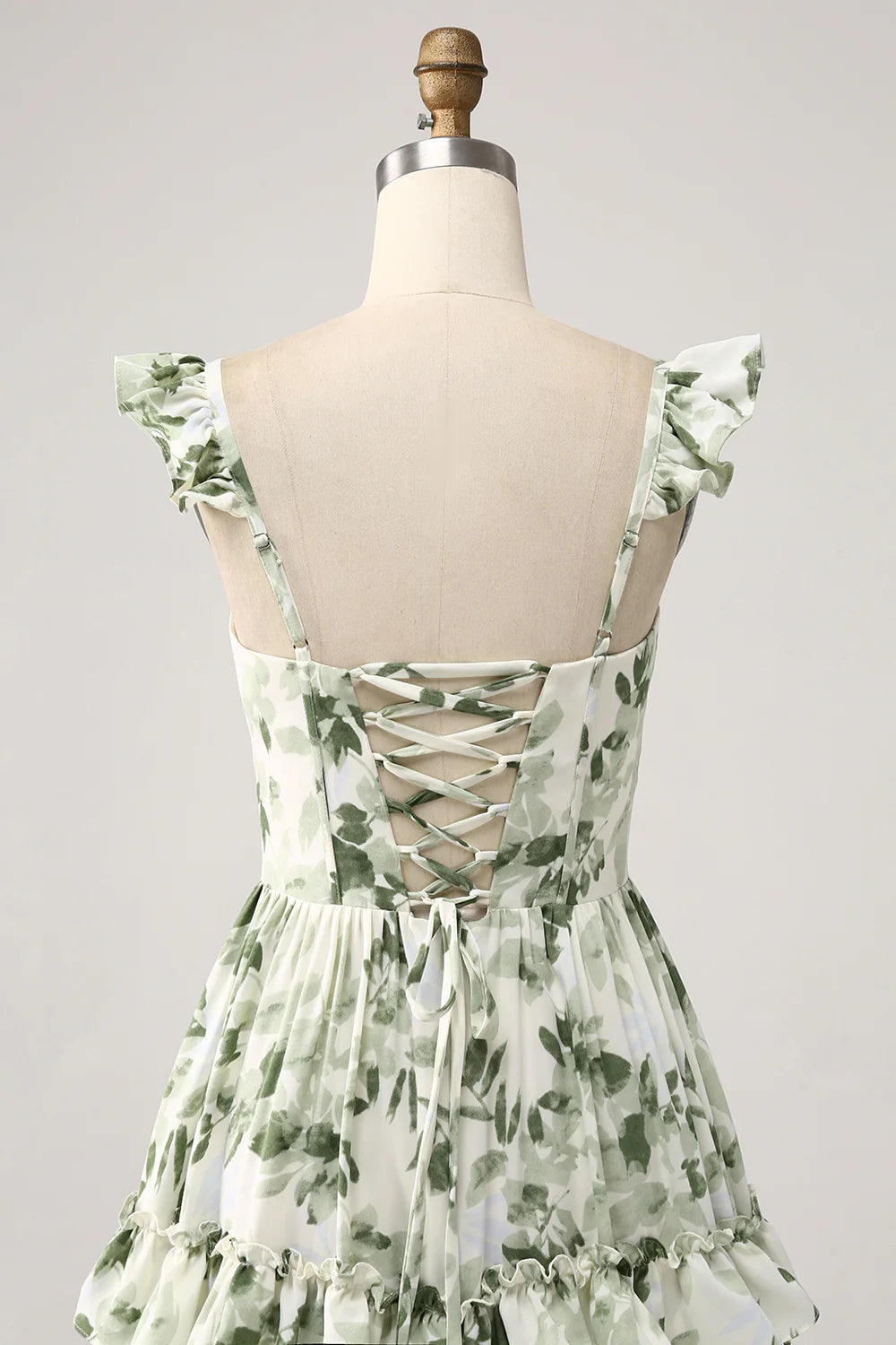 Green sweet floral ruffled edge layered split ball dress