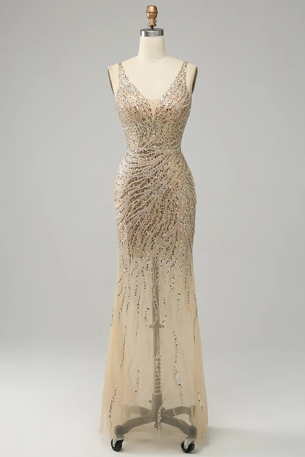 Golden sexy and elegant backless bright sequin ball dress
