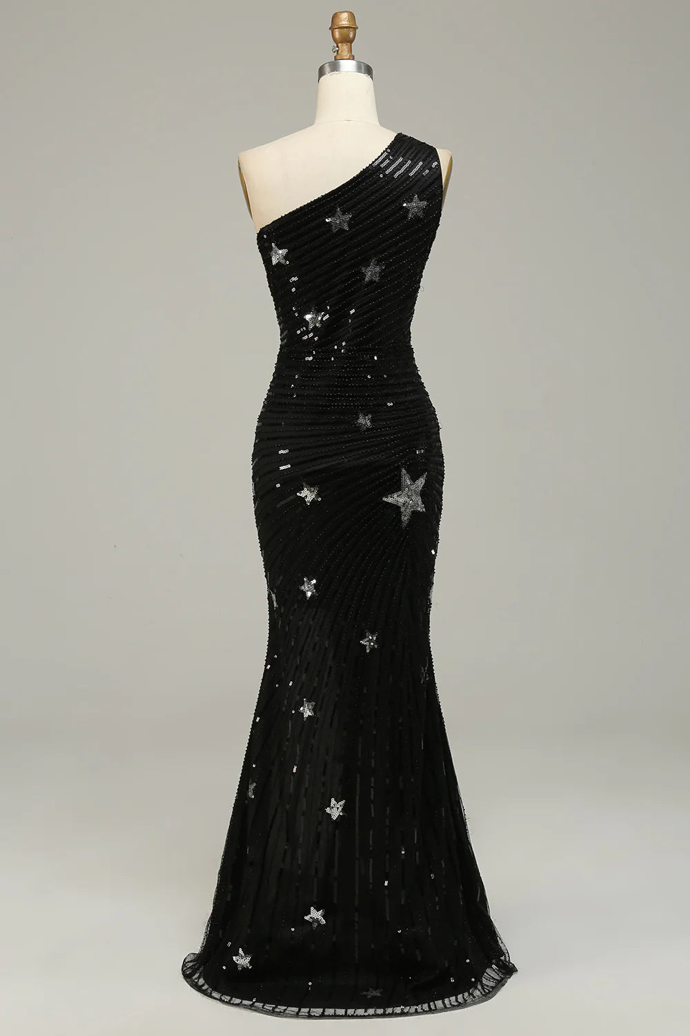 Vivid sequin mermaid sexy one shoulder black celebrity long ball dress