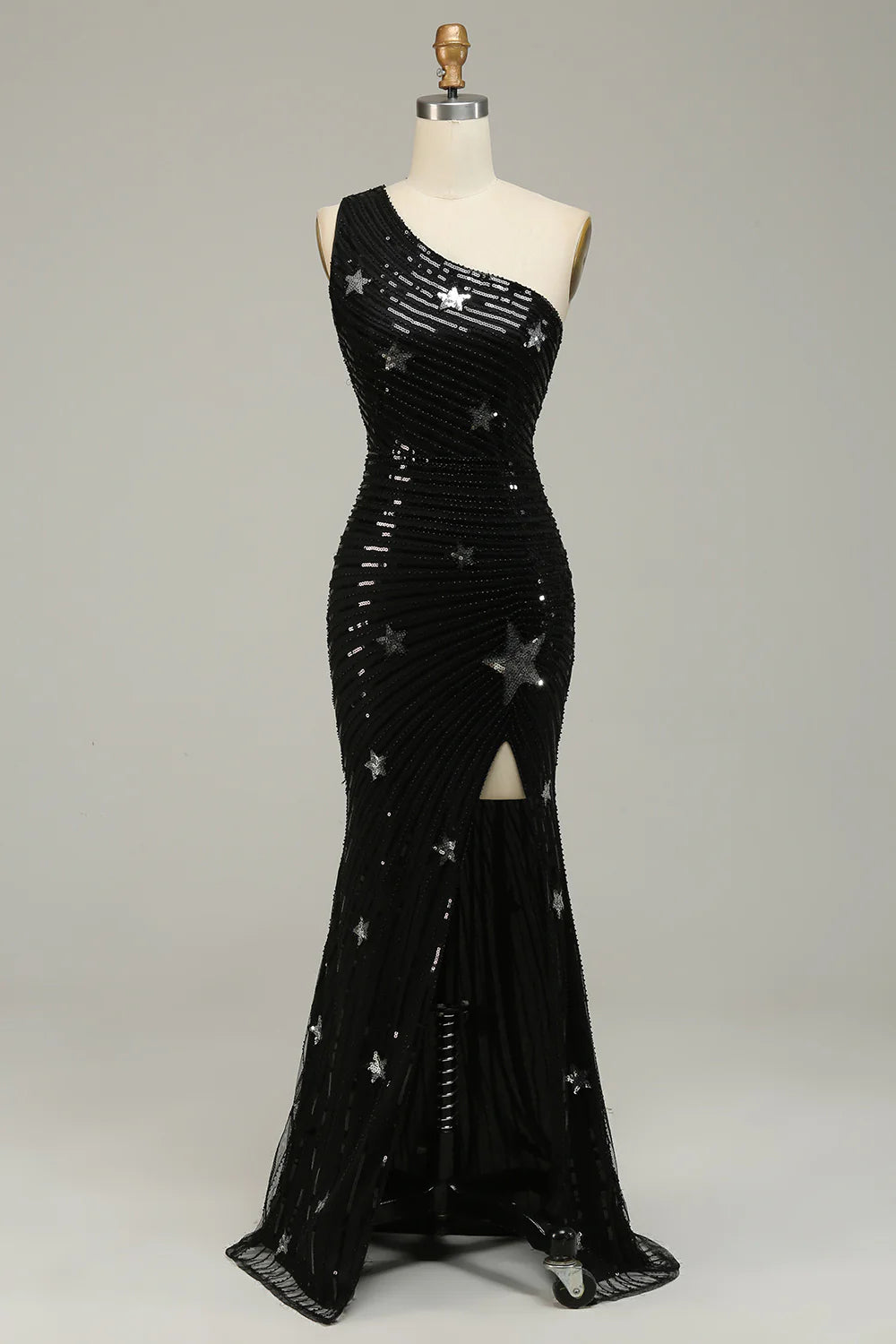 Vivid sequin mermaid sexy one shoulder black celebrity long ball dress
