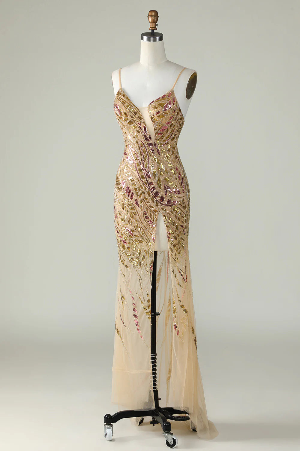 Sparkling and Sweet Mermaid Italian Noodle Strap with Gold Sequins Front Split Long Ball Dress