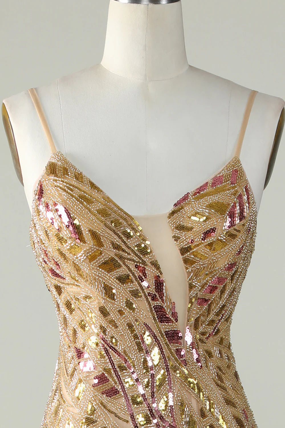 Sparkling slim fit mermaid spaghetti strap with gold sequin front slit long ball dress