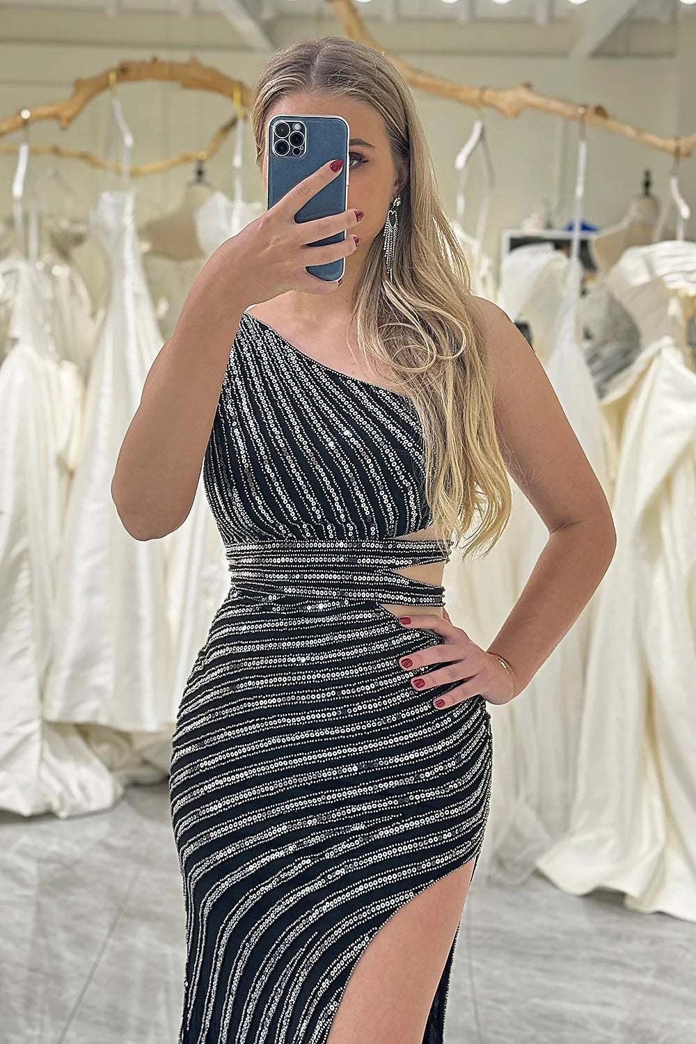 Sparkling black sexy off shoulder sequins with waistband and slit for a ball dress
