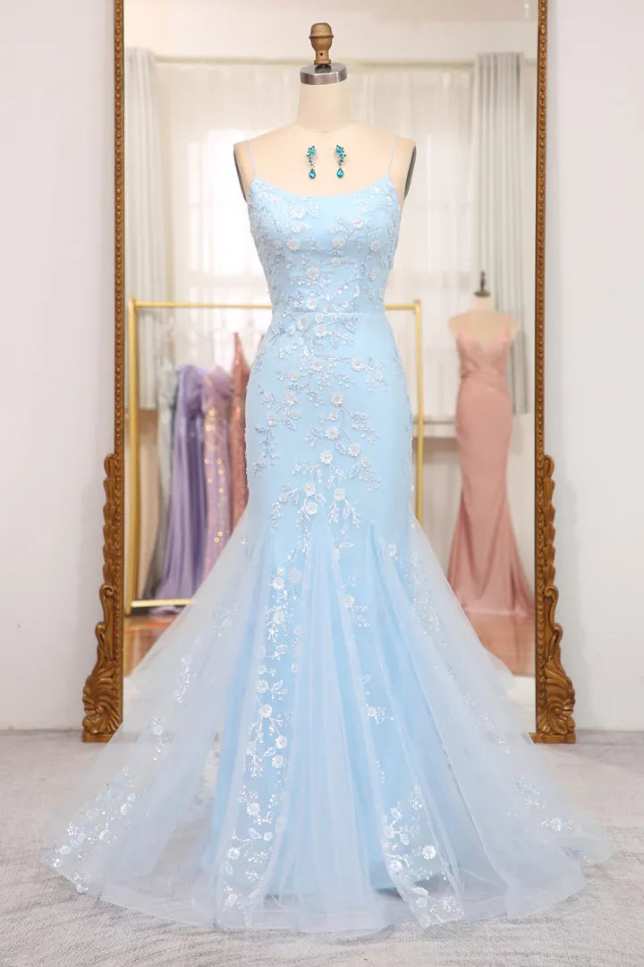 Sweet blue mermaid spaghetti lace up sequin ball long dress