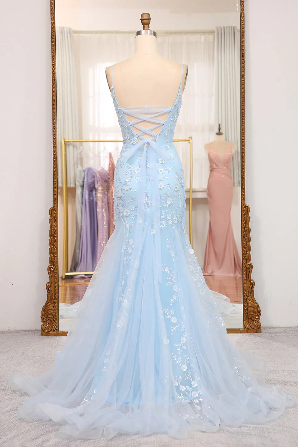 Sweet blue mermaid spaghetti lace up sequin ball long dress