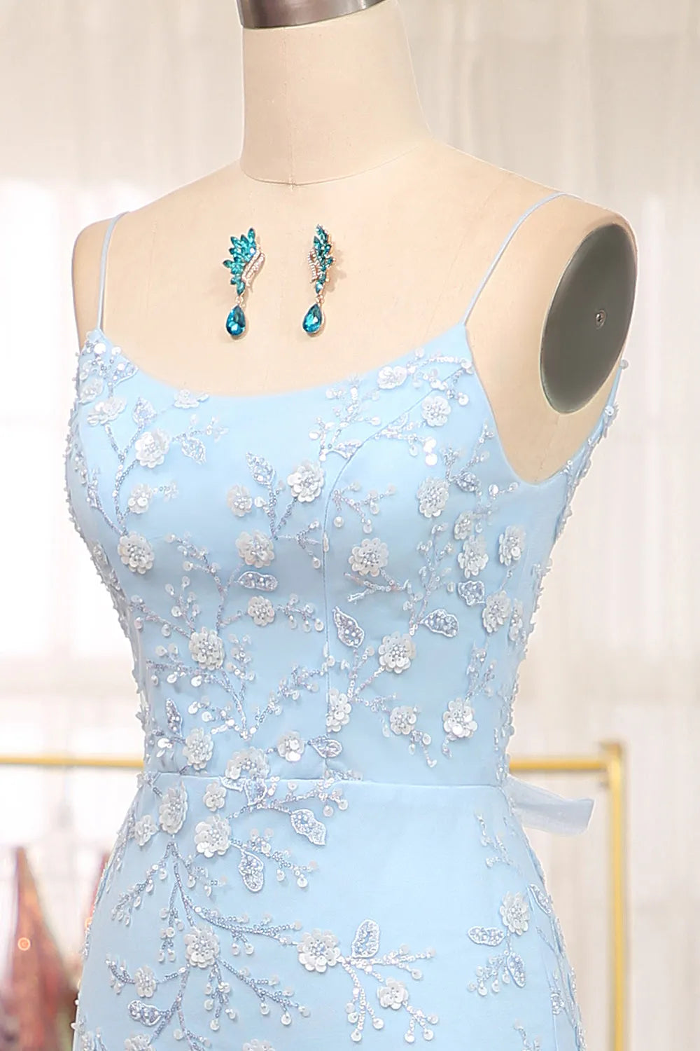 Sweet blue mermaid spaghetti lace up sequin ball long dress