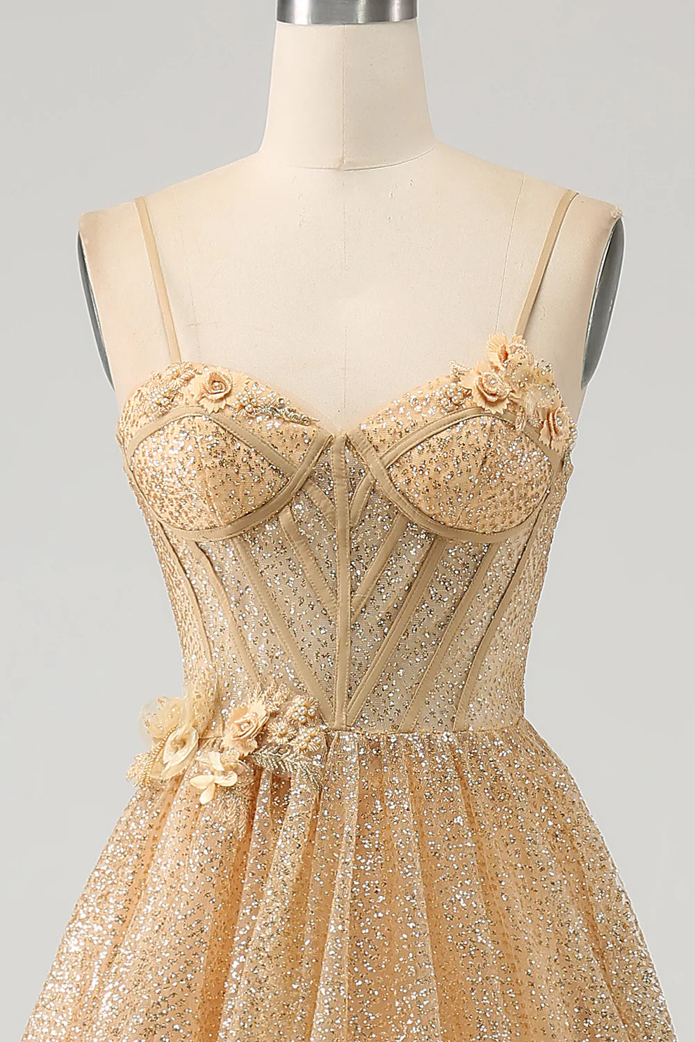 Sparkling Elegant, Beautiful Gold Corset Flower Long Ball Dress