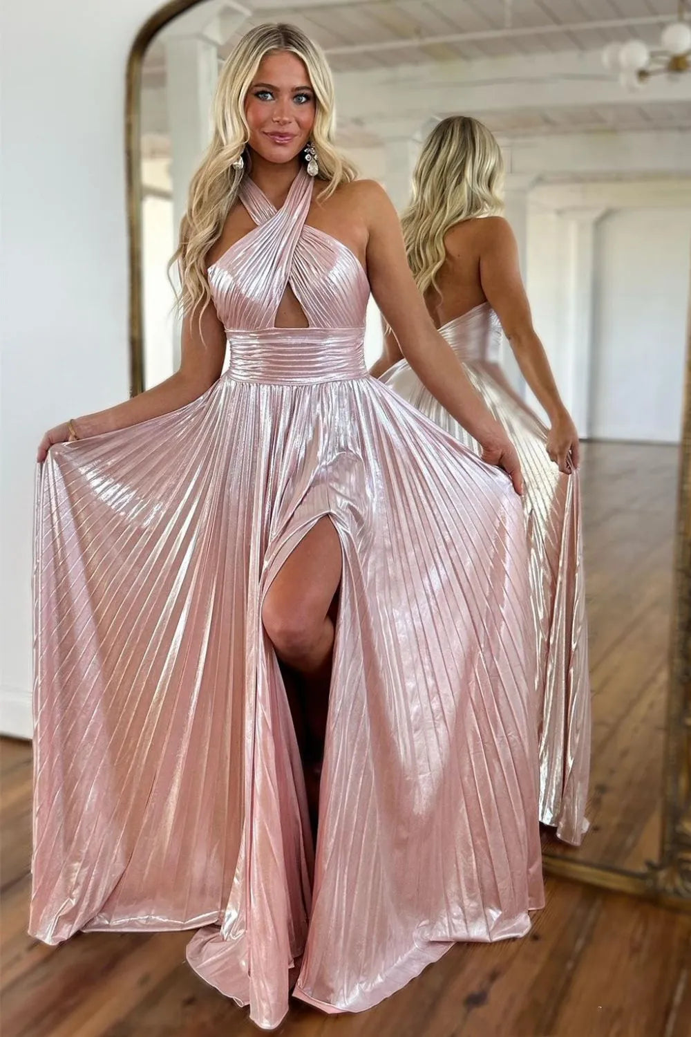 Bright round neck A-line bright long ball dress