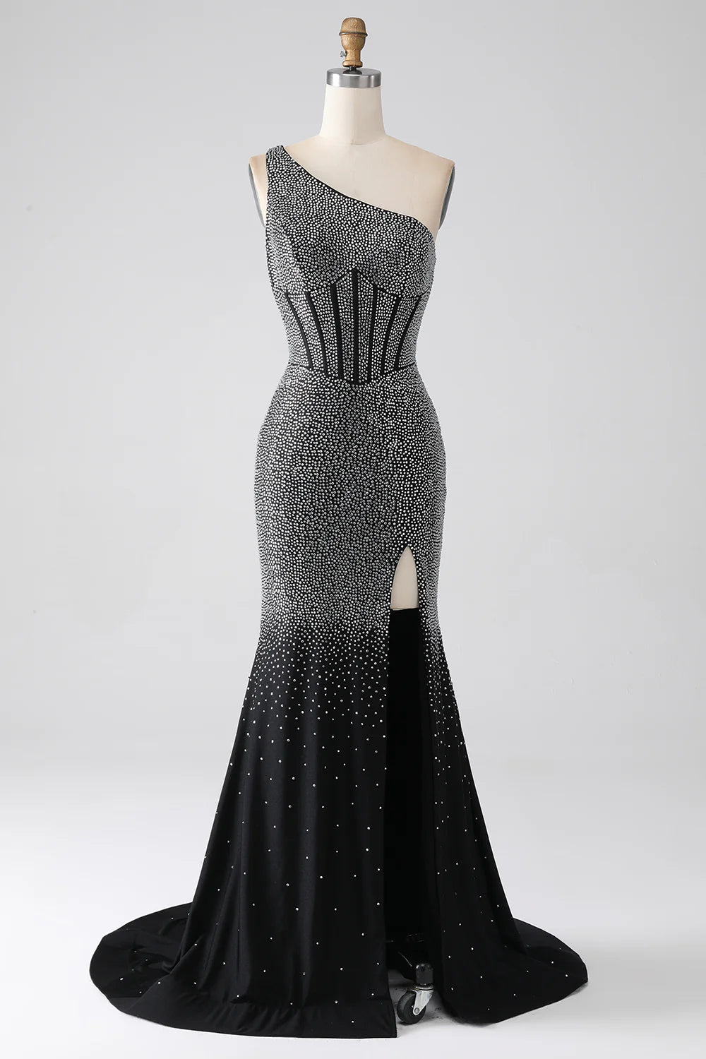 Sparkling and Sexy Black Mermaid One Shoulder Corset Ball Dress