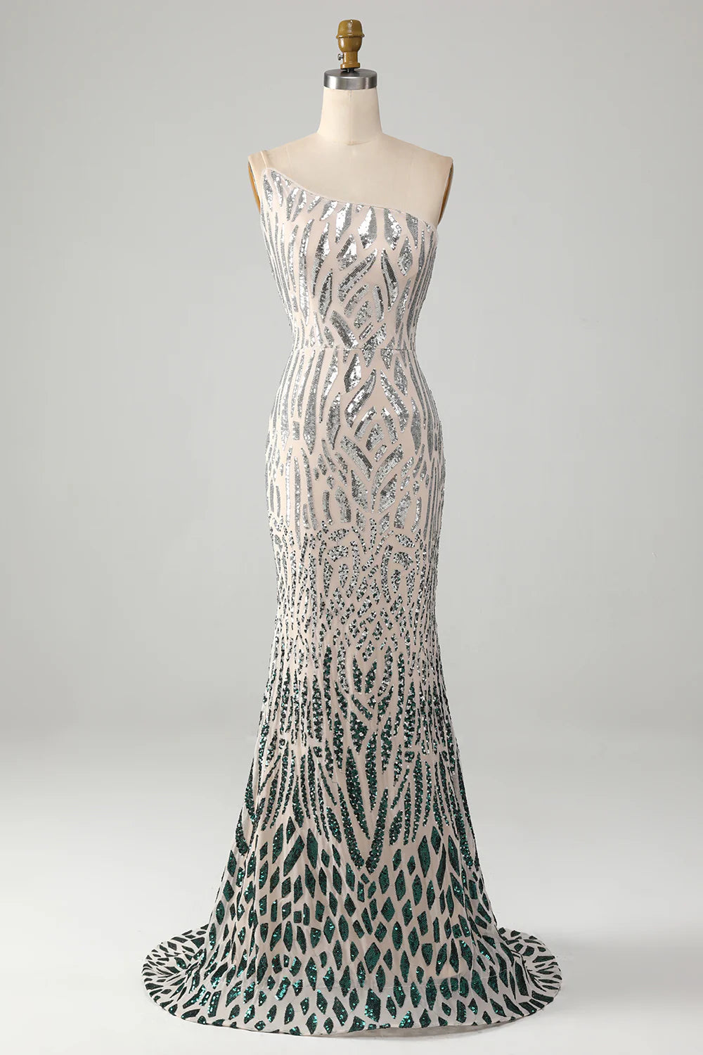 Sparkling and sexy mermaid one shoulder dark green sequin long ball dress