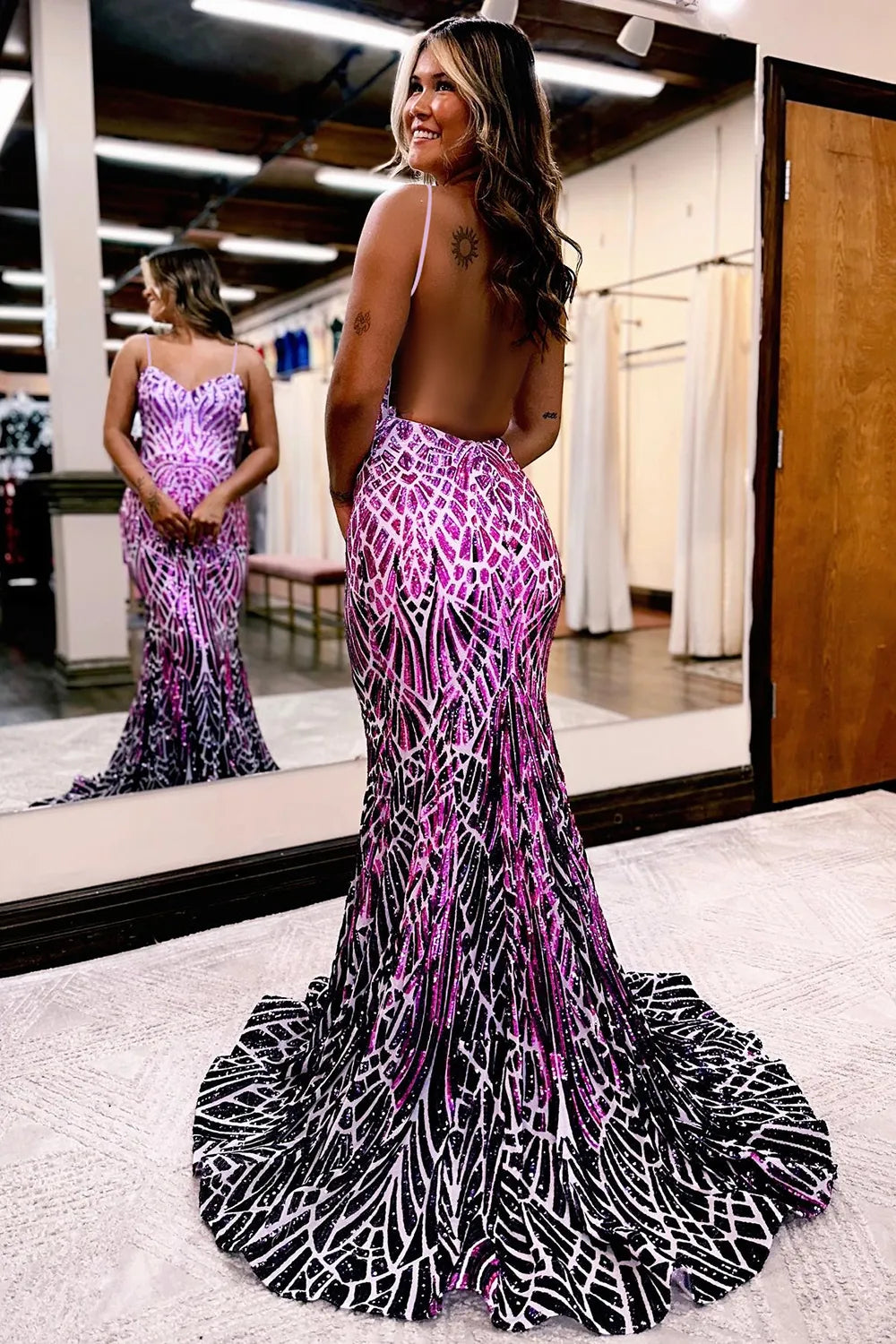 Sexy shiny fashionable mermaid backless long ball dress