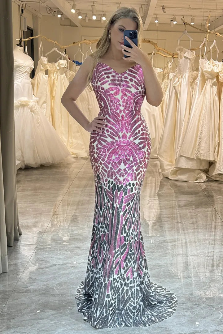 Pink Elegant Shiny Fashion Sequin Mermaid Backless Long Ball Dress