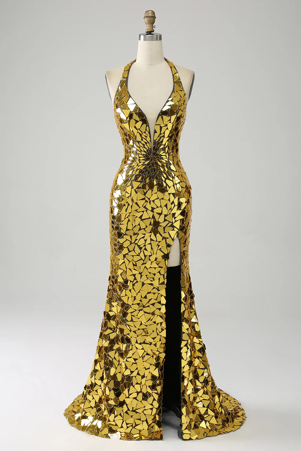 Golden Elegant Slim Fit Mermaid Halter Deep V-neck Mirror Free High Split Ball Dress