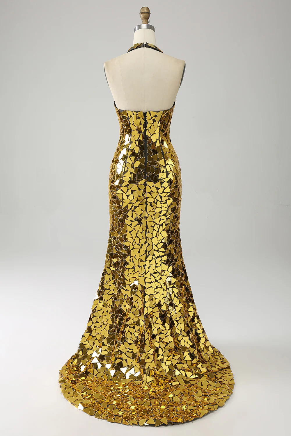Golden Elegant Slim Fit Mermaid Halter Deep V-neck Mirror Free High Split Ball Dress