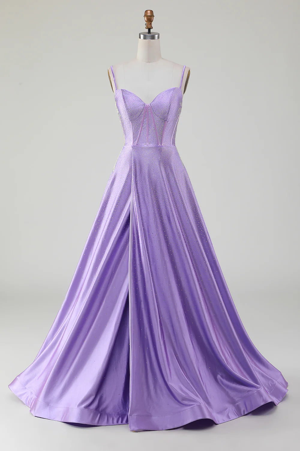 Simple and shiny lilac A-line side slit tight fitting corset with rhinestones