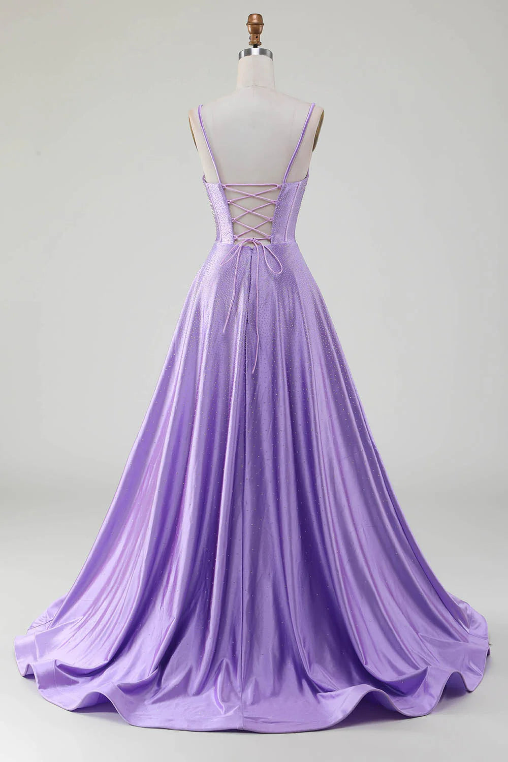 Simple and shiny lilac A-line side slit tight fitting corset with rhinestones