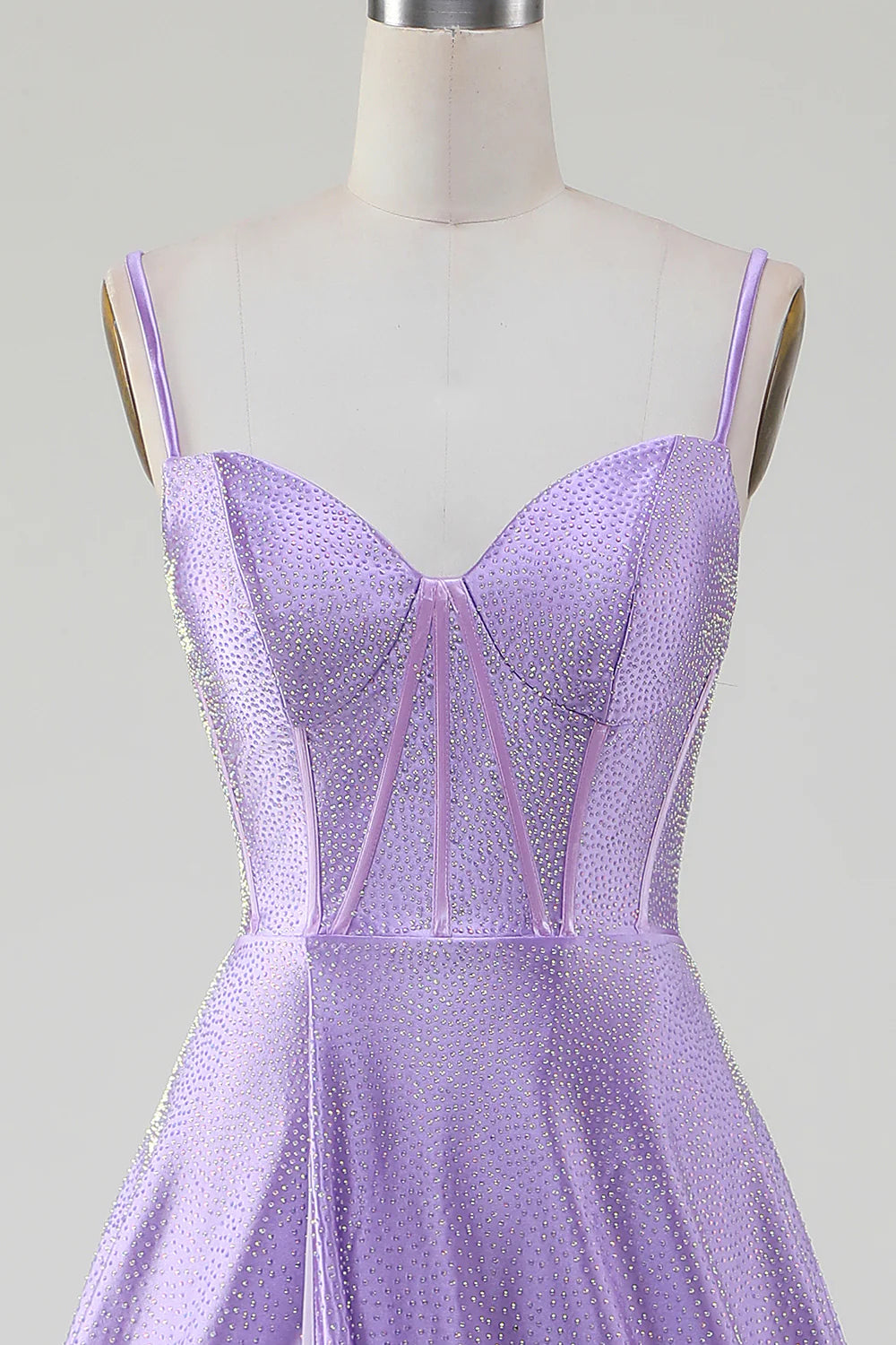 Simple and shiny lilac A-line side slit tight fitting corset with rhinestones