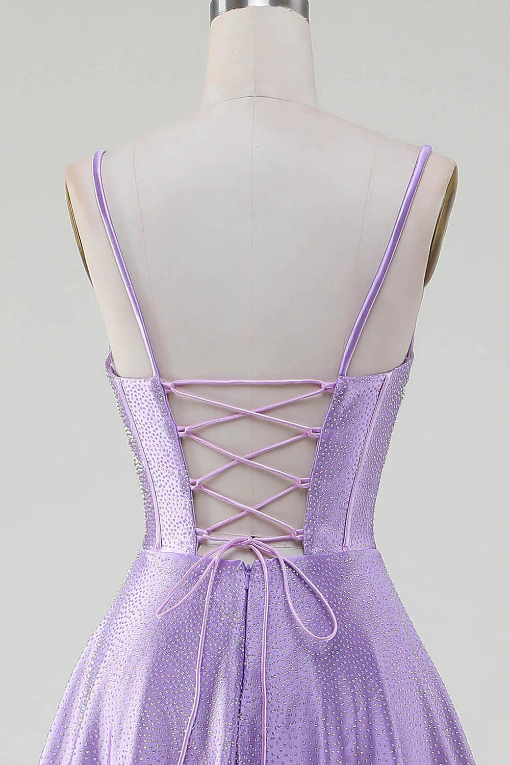 Simple and shiny lilac A-line side slit tight fitting corset with rhinestones