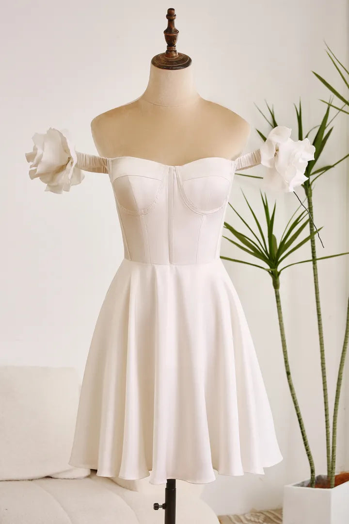 White A-line sexy off shoulder flower graduation dance party cocktail dress