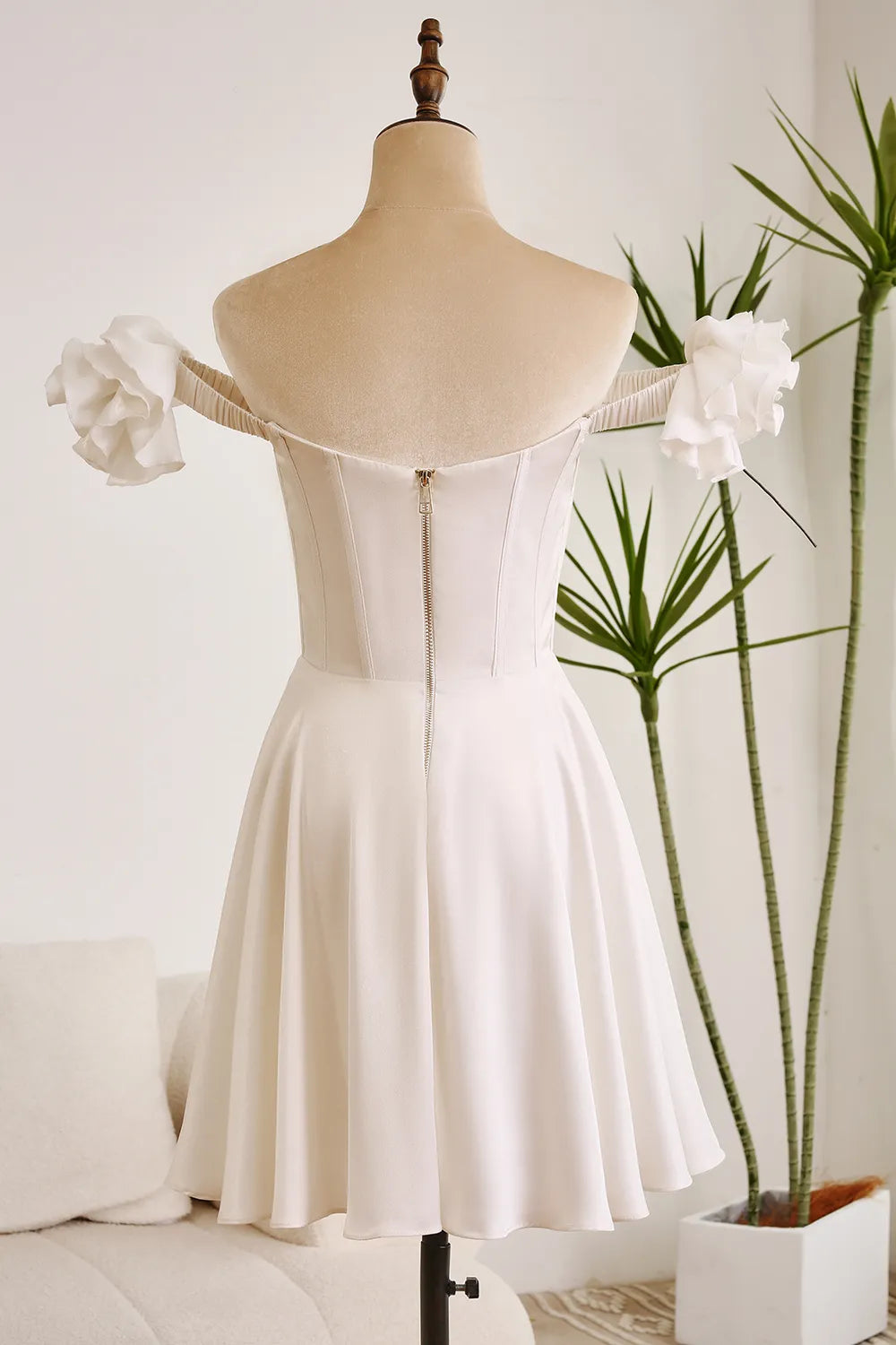 White A-line sexy off shoulder flower graduation dance party cocktail dress
