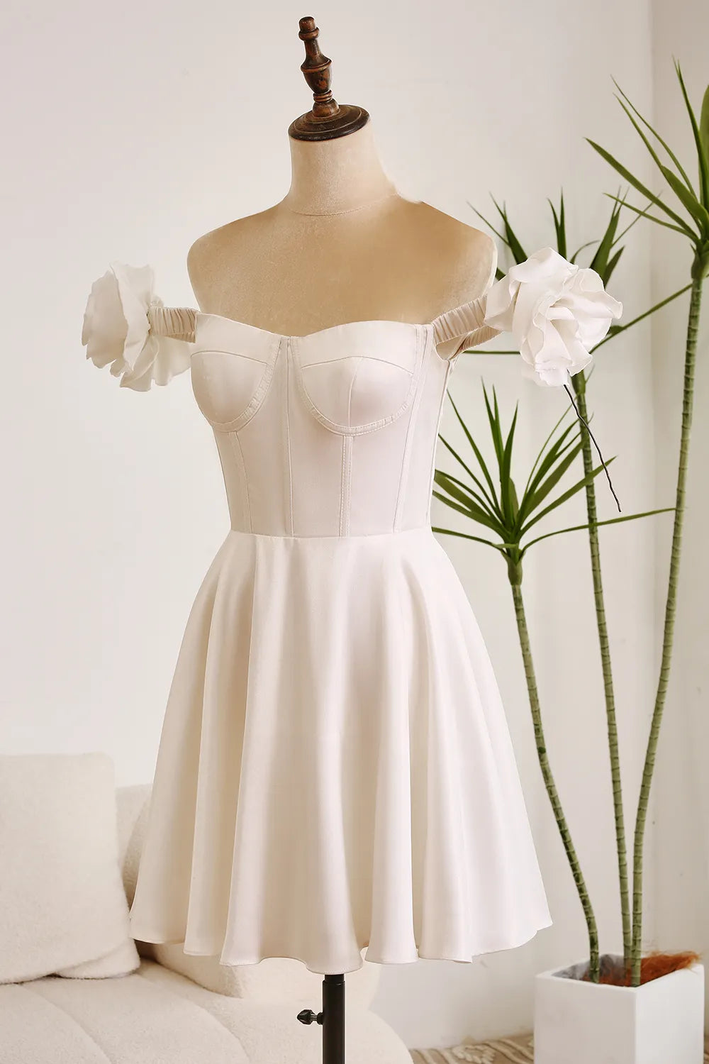 White A-line sexy off shoulder flower graduation dance party cocktail dress