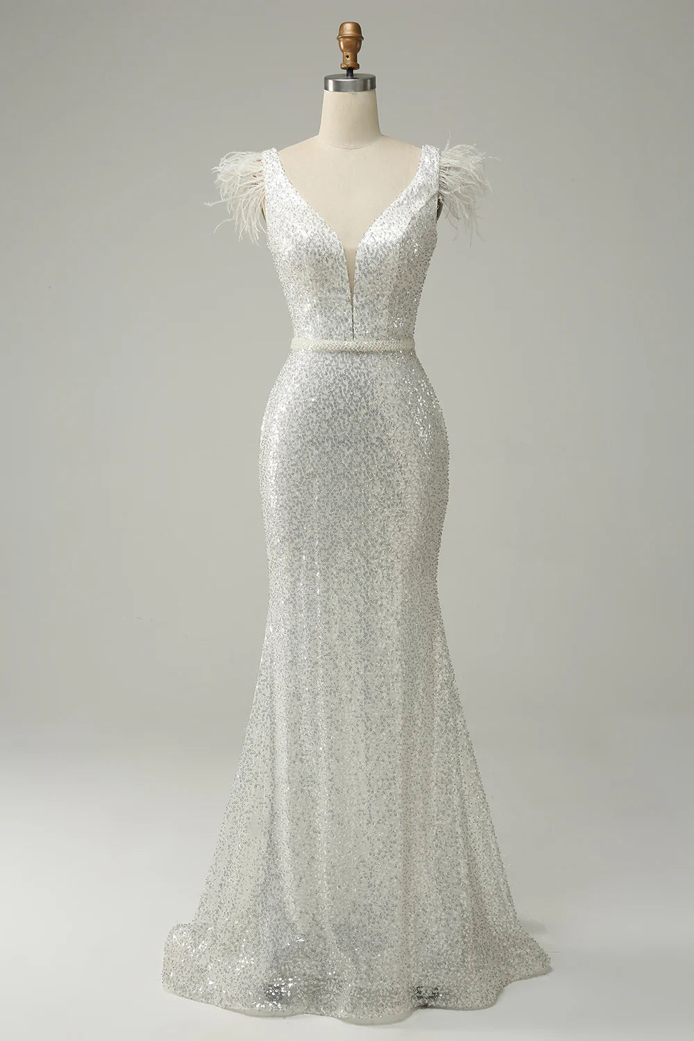 White sequin sexy V-neck mermaid long feather ball dress