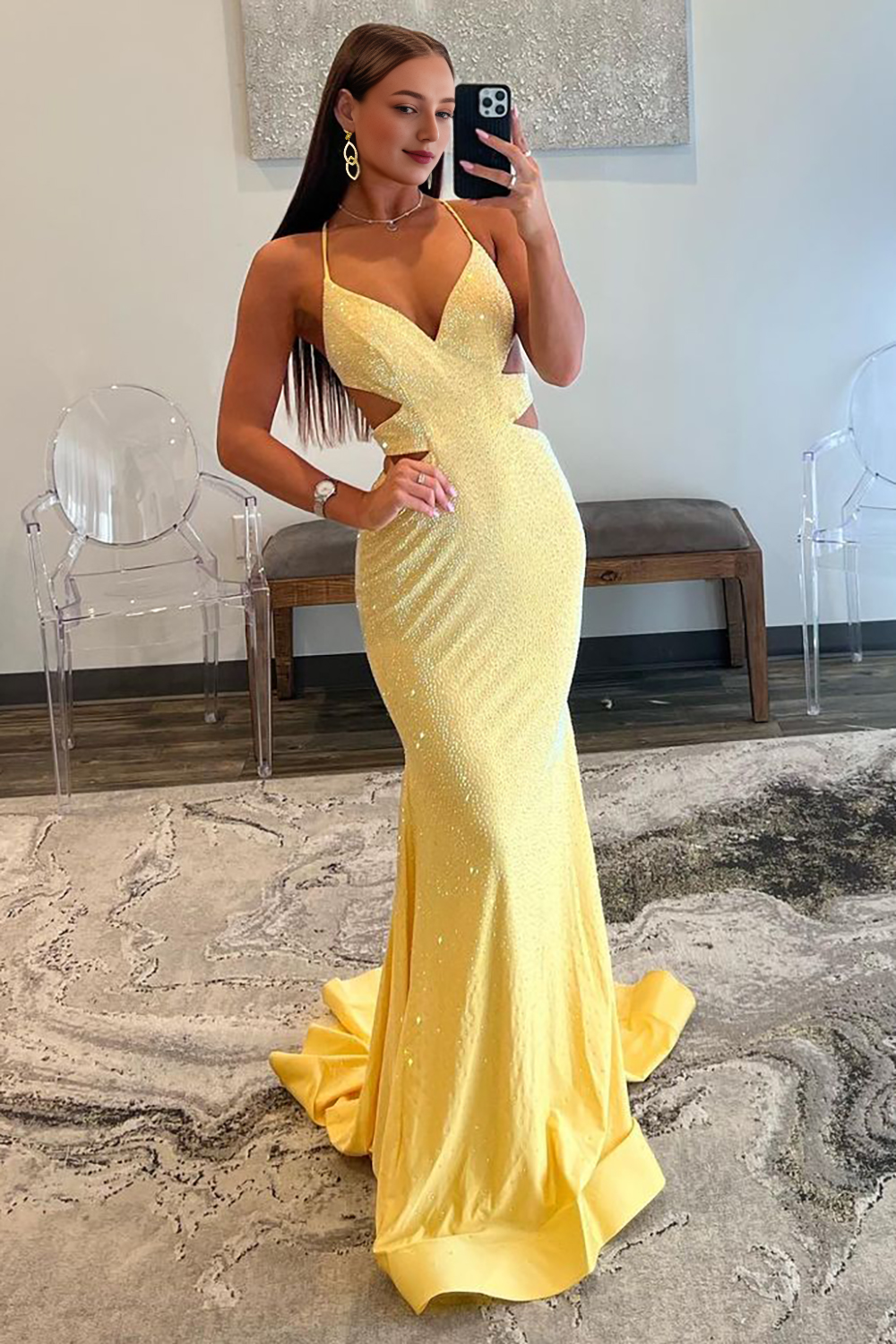 Mermaid Cutout Waist Lace Up Corset Long Beaded Prom Dress