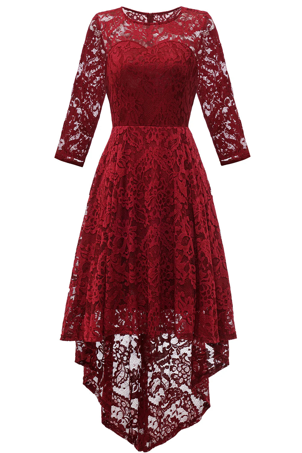 Red back hem high and low lace formal party dress