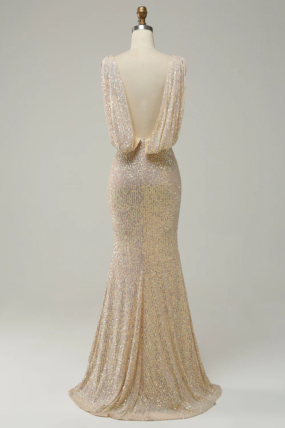 Elegant deep V-neck champagne sequin ball long dress with front slit