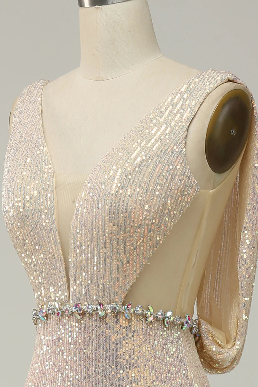 Elegant deep V-neck champagne sequin ball long dress with front slit