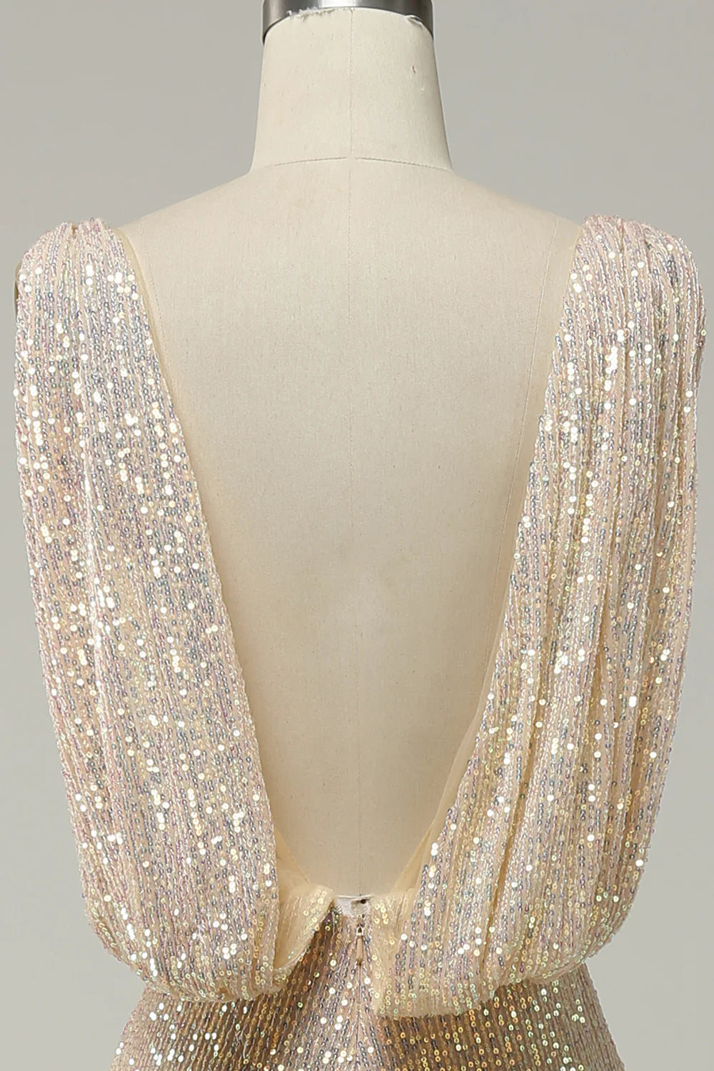 Elegant deep V-neck champagne sequin ball long dress with front slit