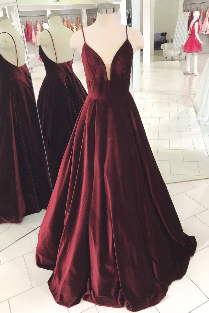 Simple v neck burgundy prom dress burgundy long prom dress