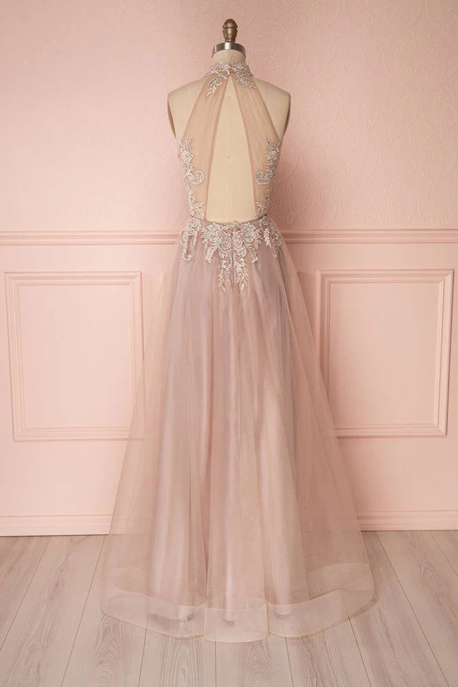 Unique lace applique tulle long prom dress tulle prom dress
