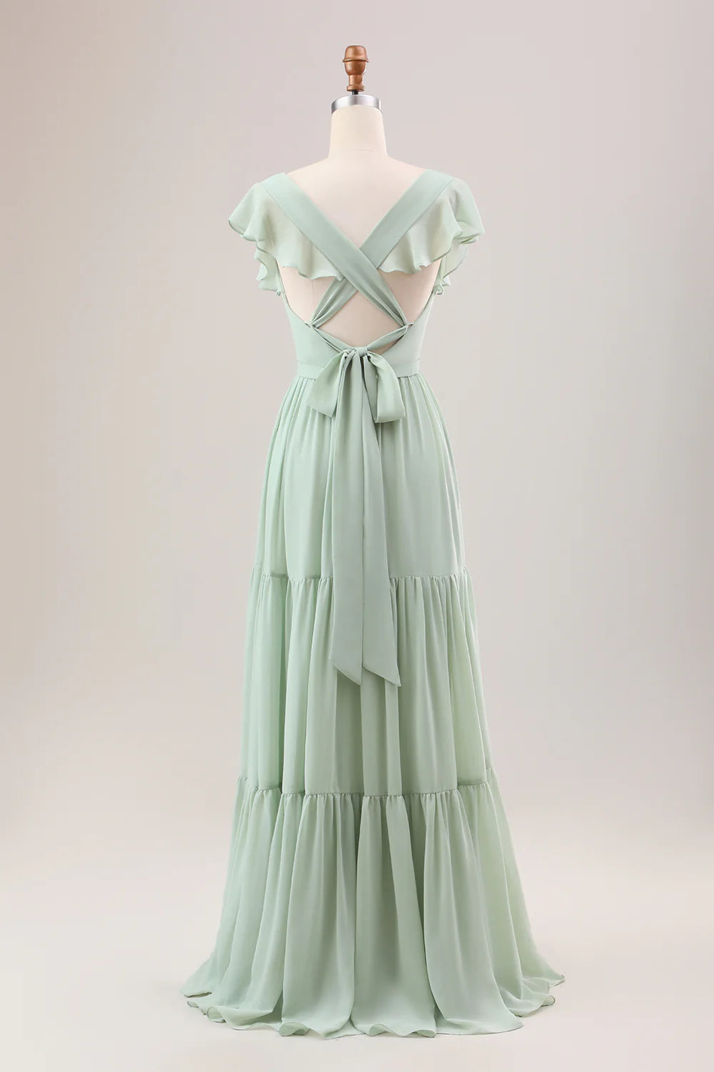 A Line V Neck Lace-Up Back Long Bridesmaid Dress With Slit