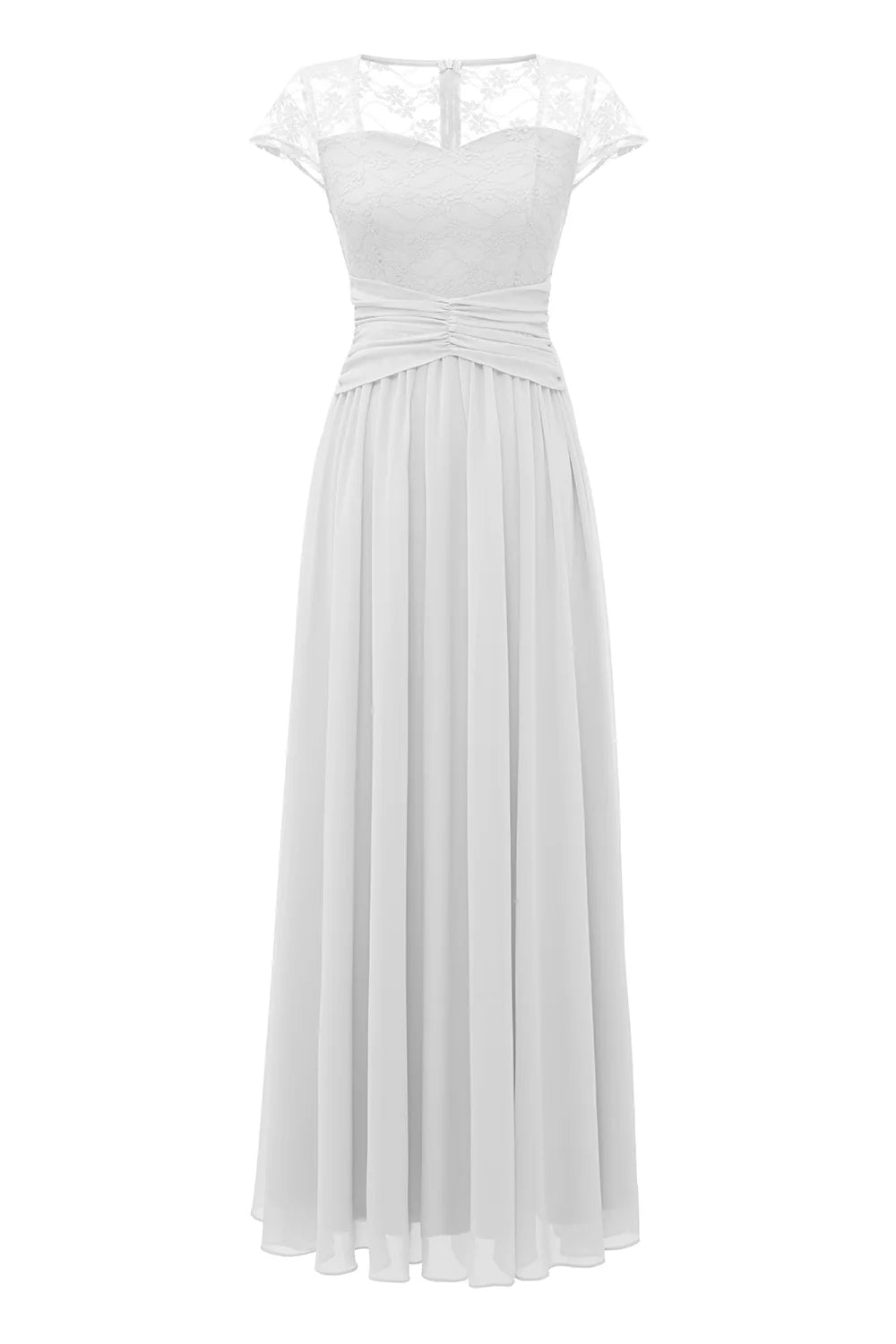 Elegant White Long Lace Dress with Cap Sleeves
