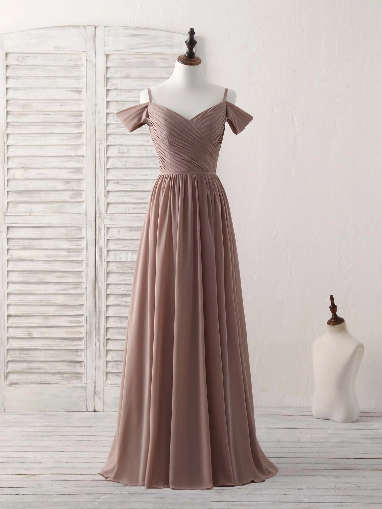 V Neck Dark Champagne Chiffon Long Prom Dress Bridesmaid Dress