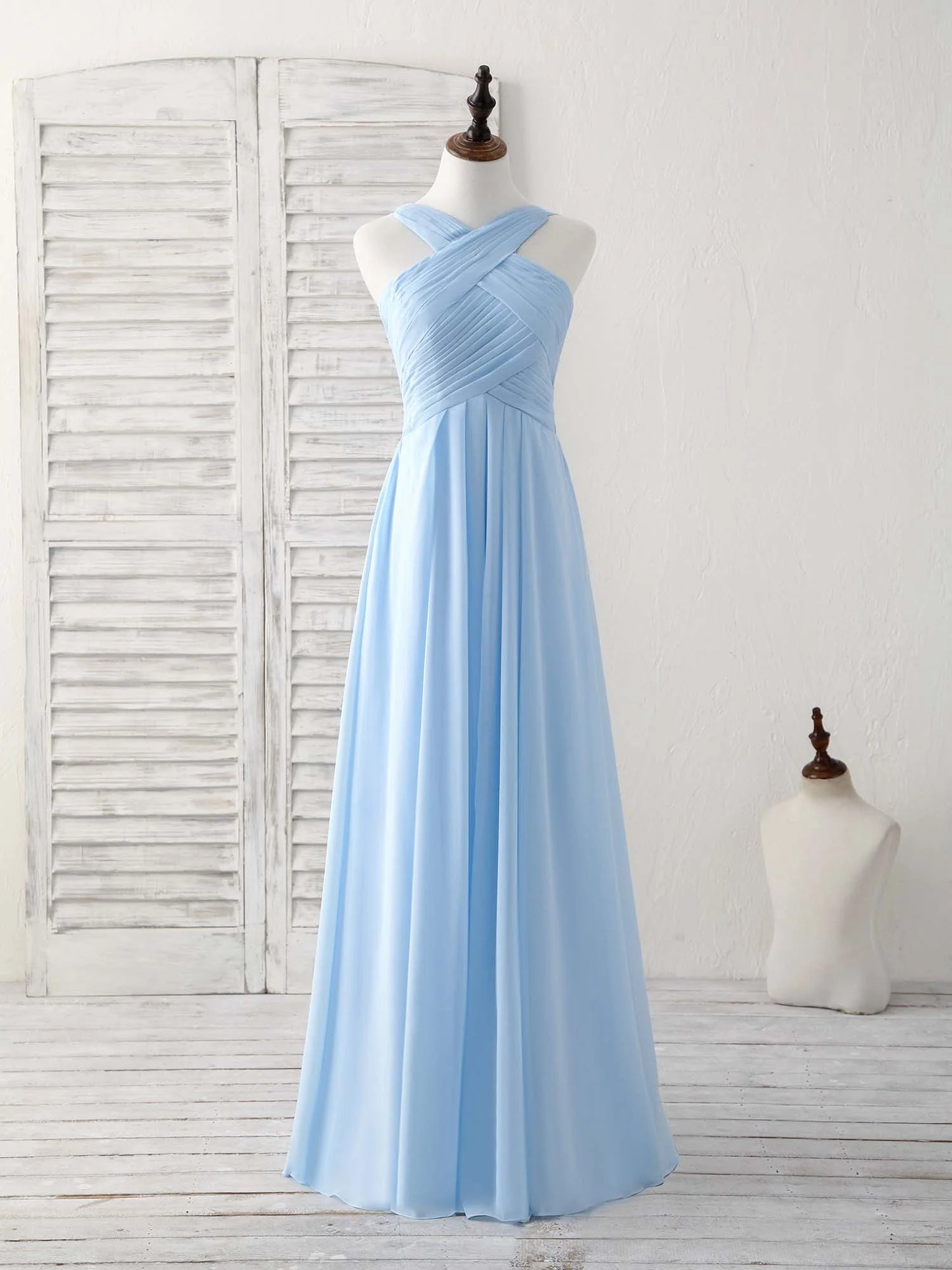 V Neck Chiffon Blue Long Prom Dress Blue Bridesmaid Dress